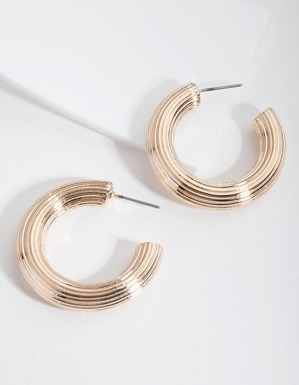 Gold Medium Ribbed Hoop Earrings
