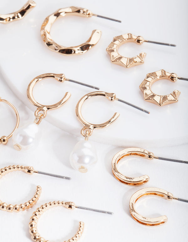 Gold Mini Pearl Hoop Earring 6 Pack