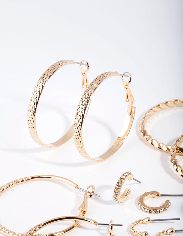 Gold Etched Twist Hoop Earring 6 Pack
