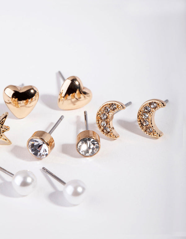 Gold Star & Moon Stud Earring 5 Pack
