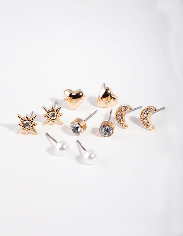 Gold Star & Moon Stud Earring 5 Pack