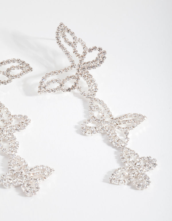 Silver Triple Butterfly Diamante Earrings