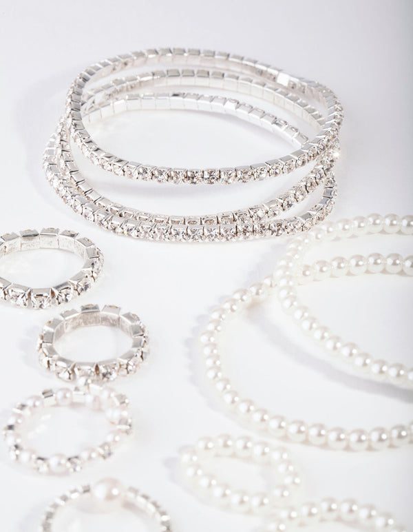 Silver Diamante and Pearl Bracelet and Ring Pack