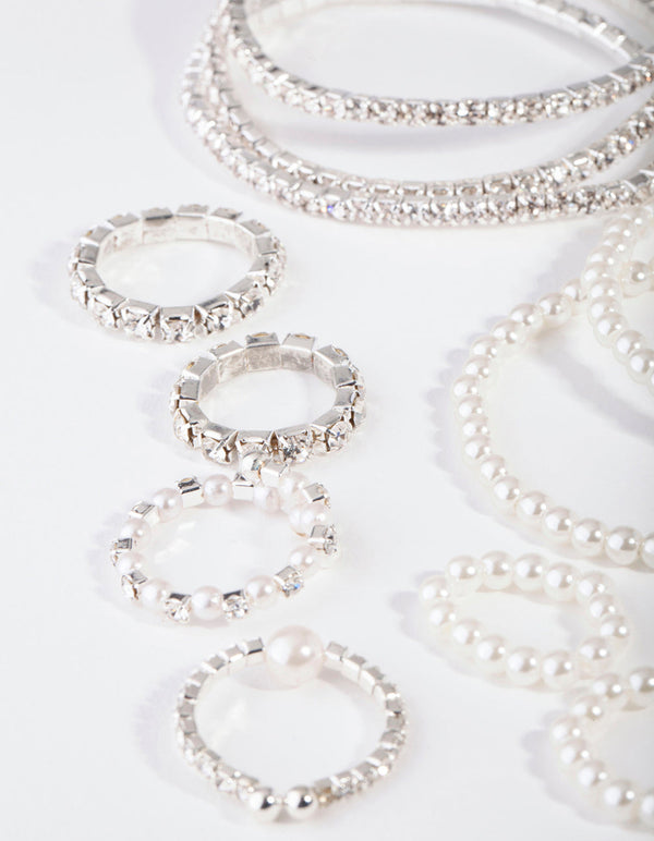 Silver Diamante and Pearl Bracelet and Ring Pack