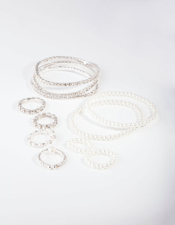 Silver Diamante and Pearl Bracelet and Ring Pack