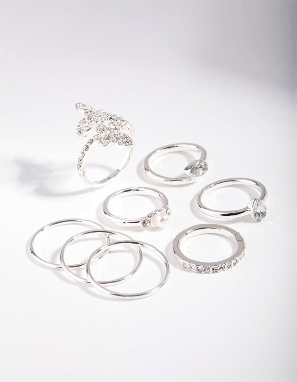 Silver Butterfly Diamante Ring Set