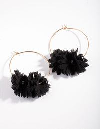 Gold Black Fabric Flower Hoop Earrings - link has visual effect only