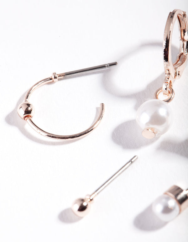 Rose Gold Pearl Cross Ear Stack