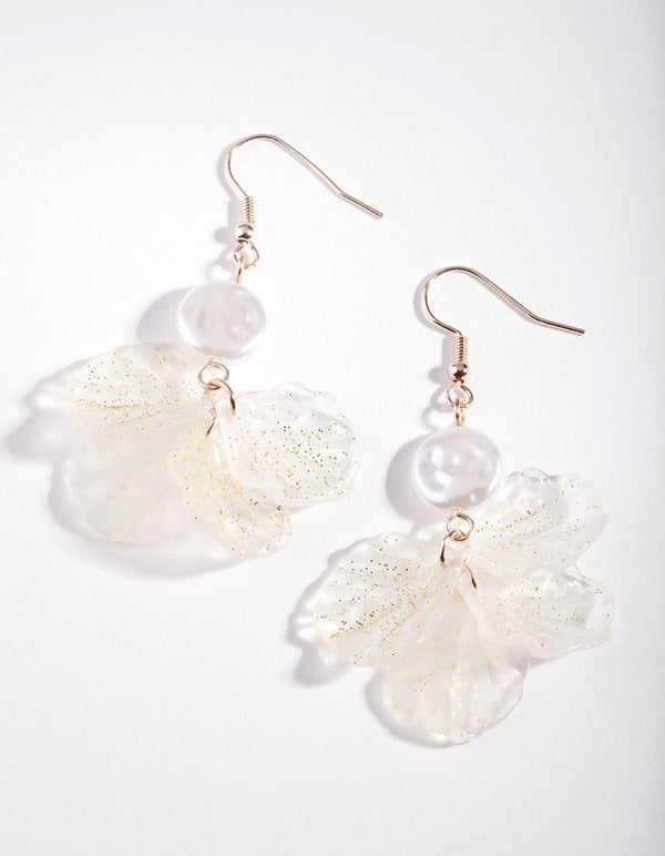 Rose Gold Glitter Petal Pearl Earrings