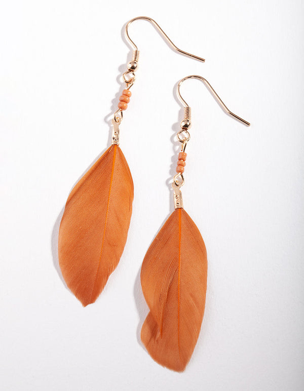 Gold Bead & Feather Drop Earrings