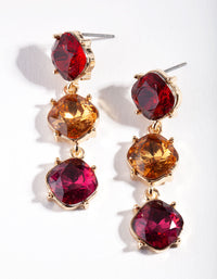 Gold Triple Red Gem Drop Earrings - link has visual effect only