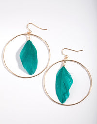 Gold Green Feather Hoop Drop Earrings - link has visual effect only