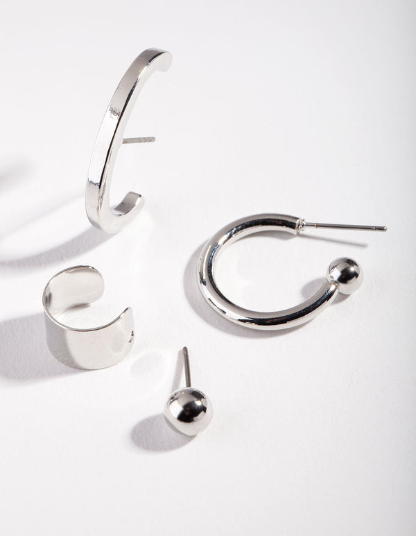 Rhodium Simple Smooth Stud Earring 4 Pack