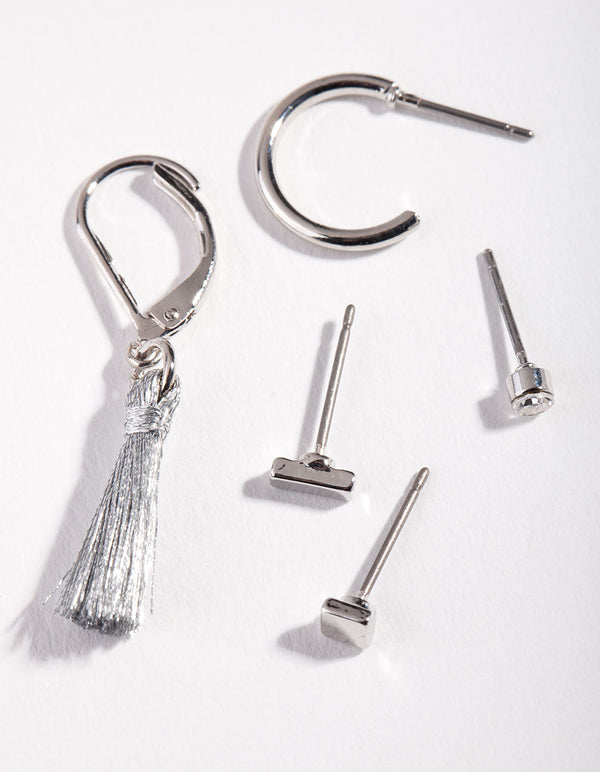 Rhodium Tassel Hoop Ear Stack