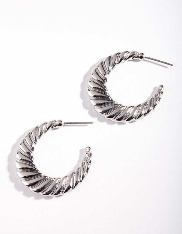 Rhodium Textured Open Hoop Earrings