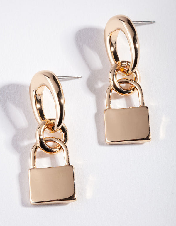Gold Padlock Drop Earrings