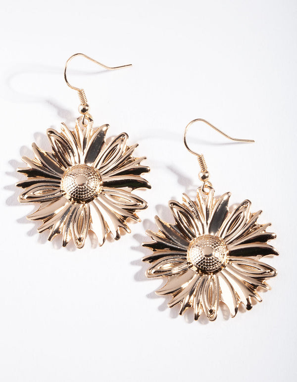 Gold Sunflower Circle Earrings