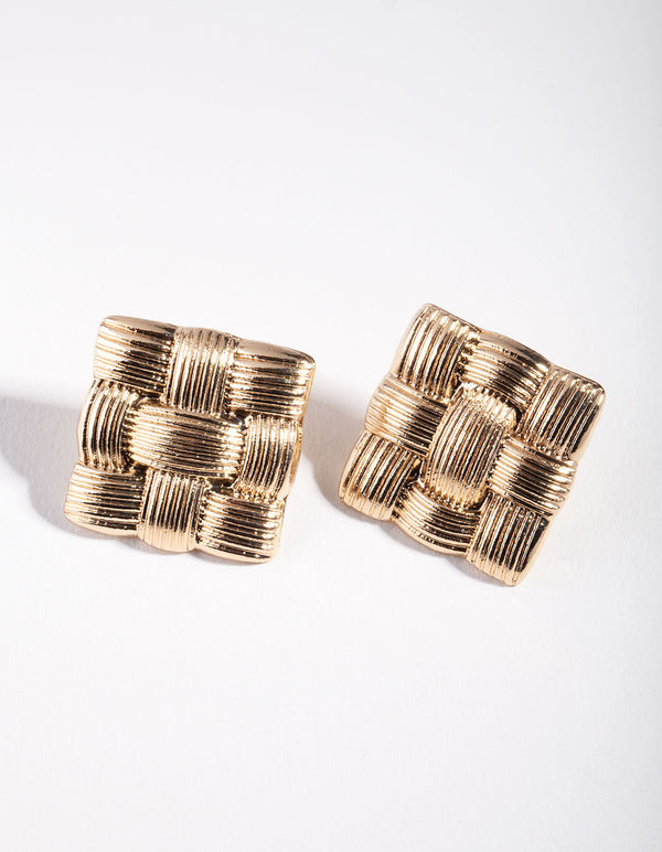 Gold Crosshatch Square Stud Earrings