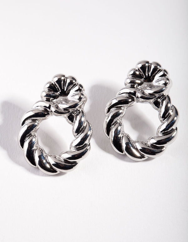 Rhodium Twisted Stud Loop Earrings