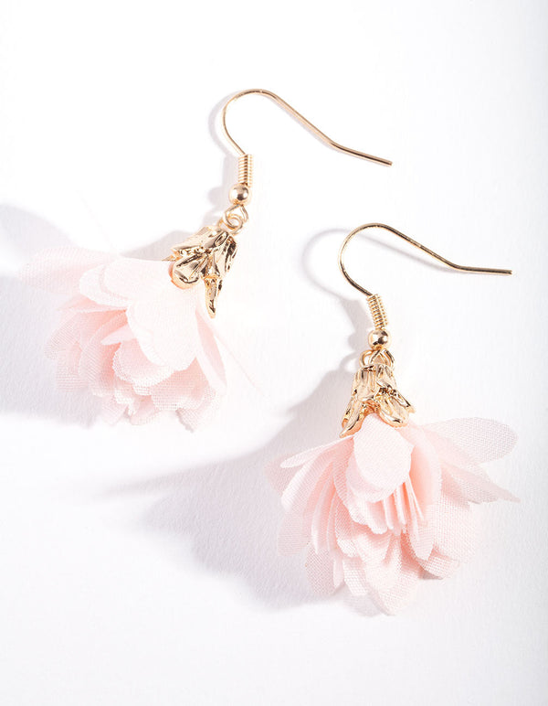 Gold Pink Fabric Flower Earrings