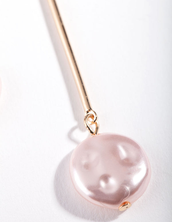 Gold Pink Pearl Bar Drop Earrings
