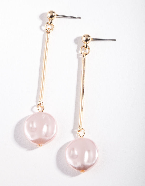 Gold Pink Pearl Bar Drop Earrings