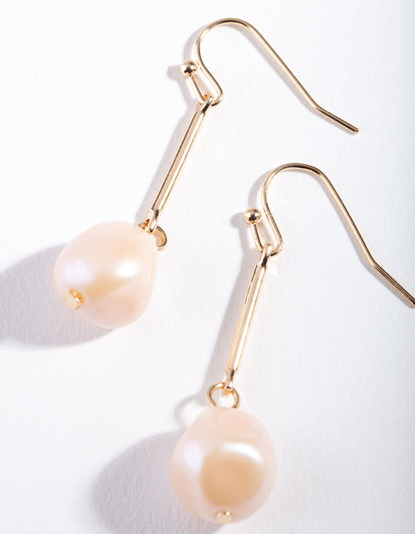 Gold Pink Pearl Bar Drop Earrings