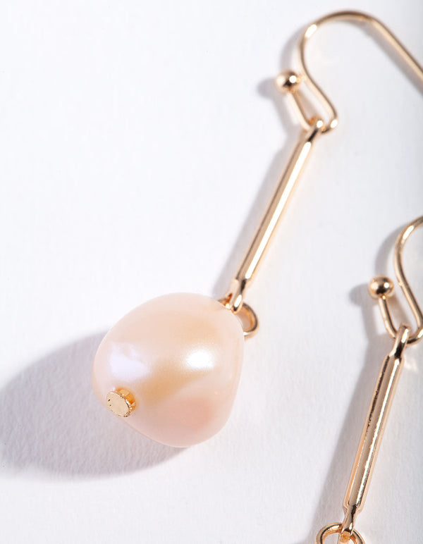 Gold Pink Pearl Bar Drop Earrings