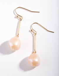 Gold Pink Pearl Bar Drop Earrings - link has visual effect only