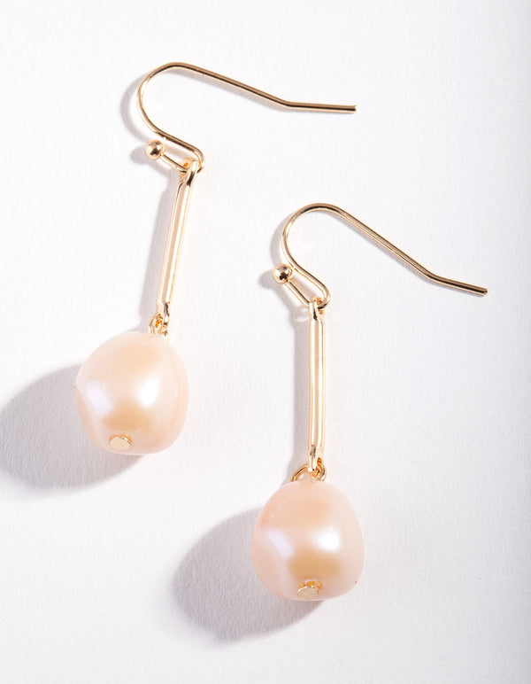 Gold Pink Pearl Bar Drop Earrings