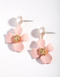 Gold Matte Pink Flower Drop Earrings - link has visual effect only