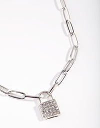 Rhodium Diamante Padlock Chain Necklace - link has visual effect only