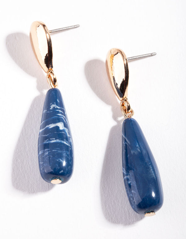 Gold Blue Acrylic Teardrop Earrings