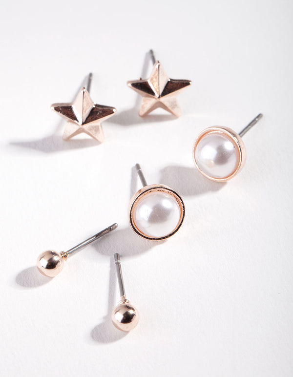 Rose Gold Pearl Star Earring 3 Pack
