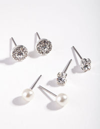 Silver Pearl Mixed Diamante Earring 3 Pack - link has visual effect only