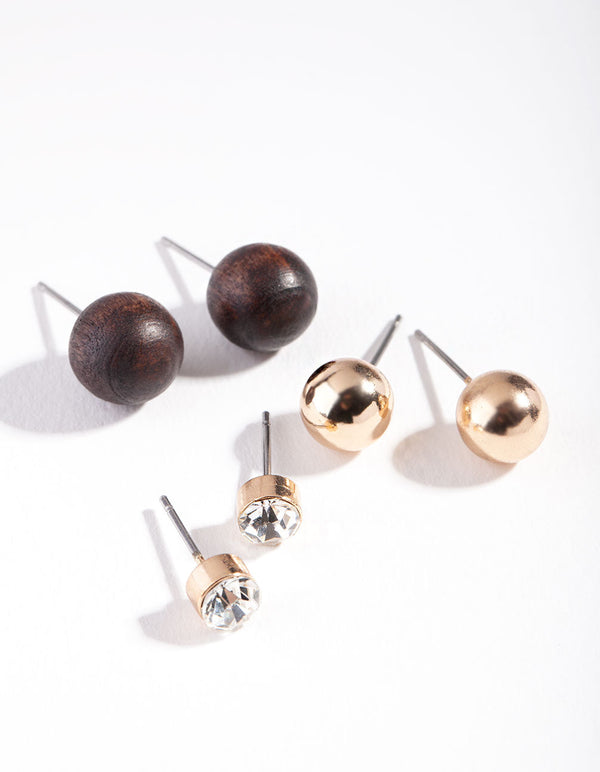 Gold Black Diamante Ball Stud 3 Pack