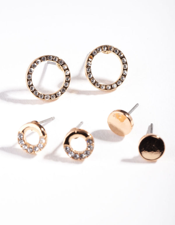 Gold Pave Circle Mix Stud Earring 3 Pack