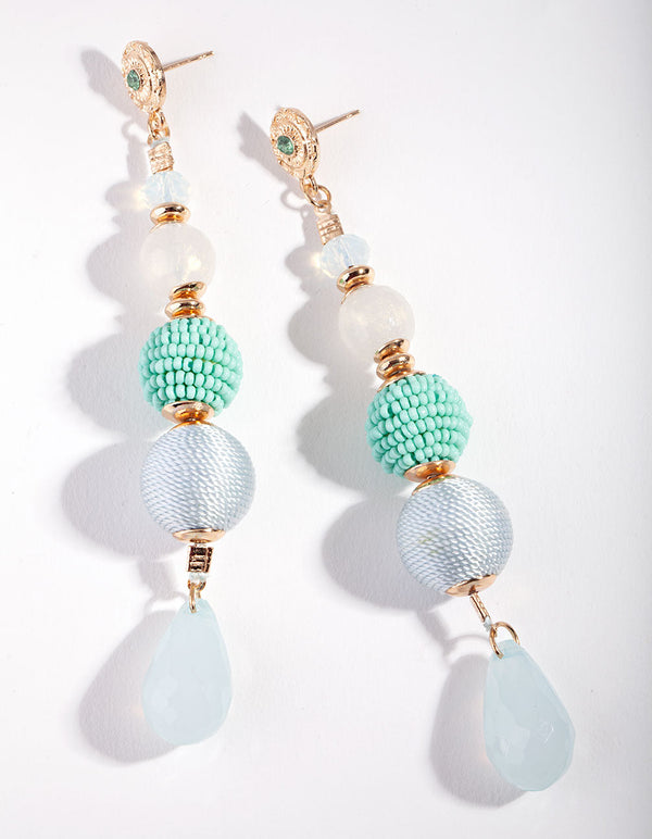 Gold Multi Textured Blue Bead Drop Earrings