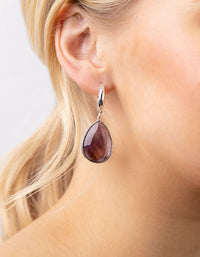 Silver Deep Amethyst Stone Teardrop Hoop Earrings - link has visual effect only