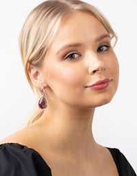 Silver Deep Amethyst Stone Teardrop Hoop Earrings - link has visual effect only