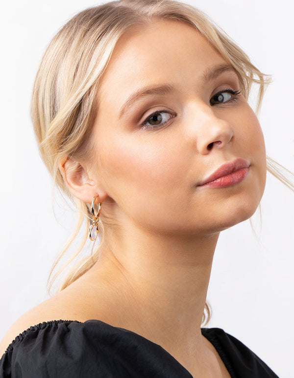 Gold Moonstone Charm Drop Hoop Earrings