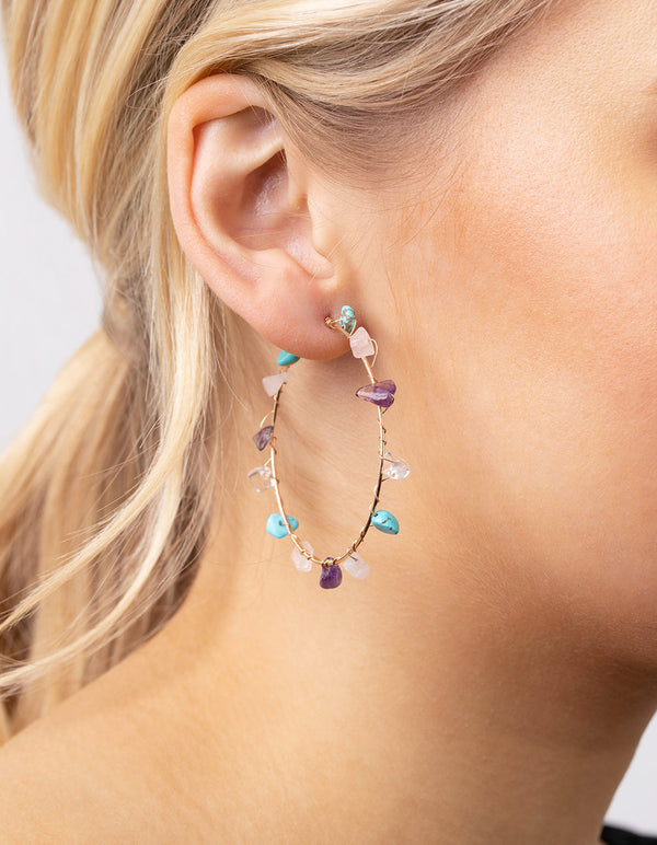 Rose Gold Turquoise, Rose Quartz, Amethyst Hoop Earrings