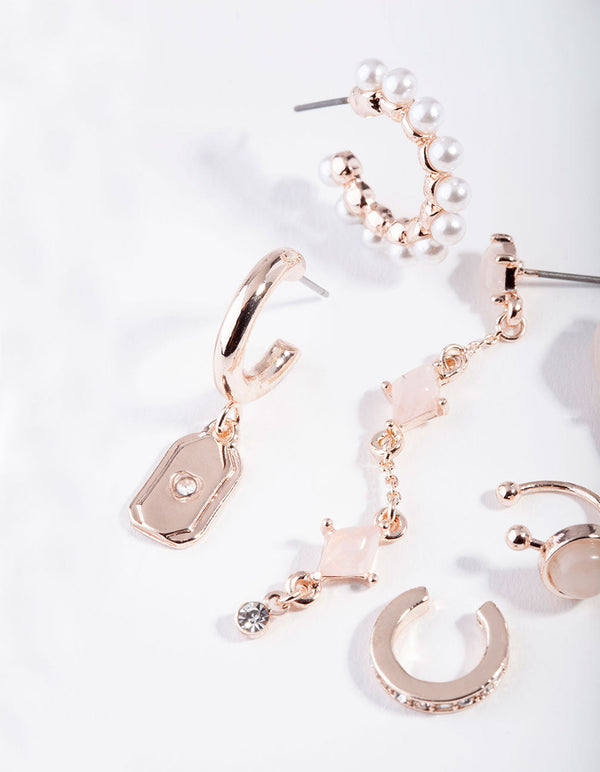 Rose Gold Pearl Rose Quartz Ear Stack