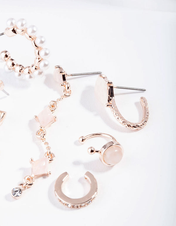 Rose Gold Pearl Rose Quartz Ear Stack