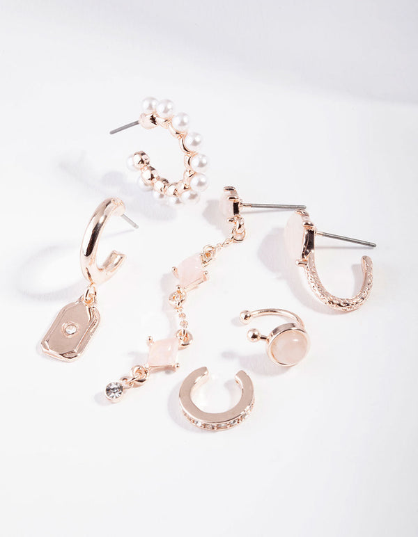 Rose Gold Pearl Rose Quartz Ear Stack