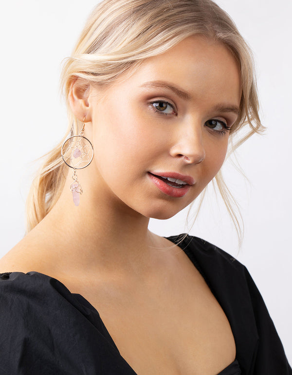 Rose Gold Dreamcatcher Rose Quartz Earrings