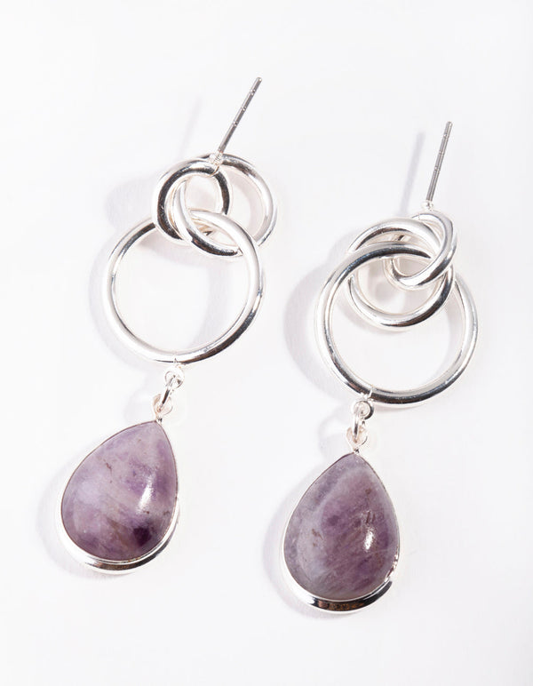 Silver Amethyst Multi Ring Stone Earrings