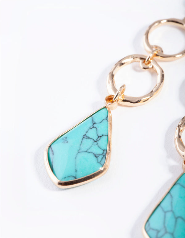 Gold Blue Turquoise Stone Drop Earrings