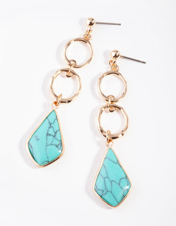 Gold Blue Turquoise Stone Drop Earrings