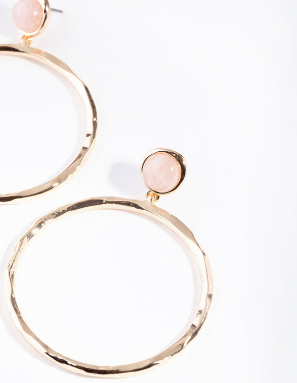 Gold Textured Pink Rose Quartz Circle Earrings
